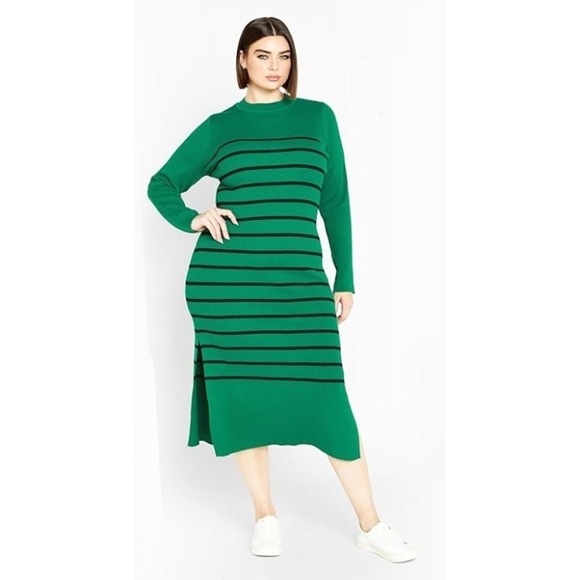City Chic Dresses & Skirts - City Chic‎ Maddie Green Black Striped Ribbed Knit Midi Sweater Dress Size L 20
